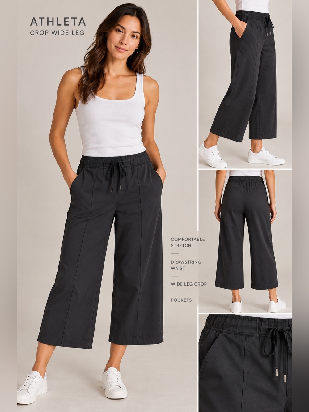 Athleta Black Crop Wide-Leg Drawstring Pants